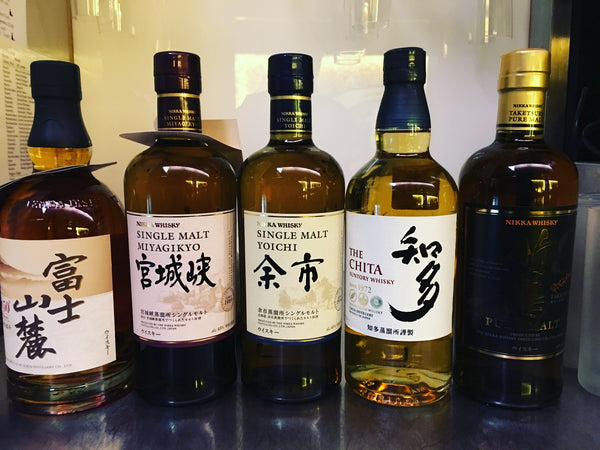 Japanese whisky - Suntory 'The Chita', Nikka Miyagikyo, Yoichi and Taketsuru, and Kirin Tarajuku non chill filtered. 